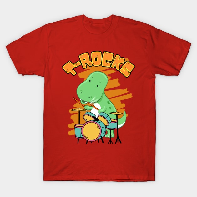 T-Rocks - T-Rex Dinosaur Drummer Cute Cartoon T-Shirt by EvolvedandLovingIt